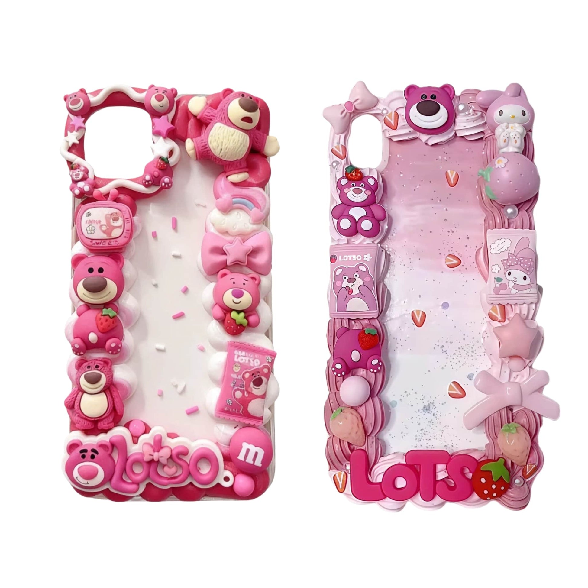 pink Lotso bear decoden phone case showing handmade cream glue texture and kawaii charm decoration