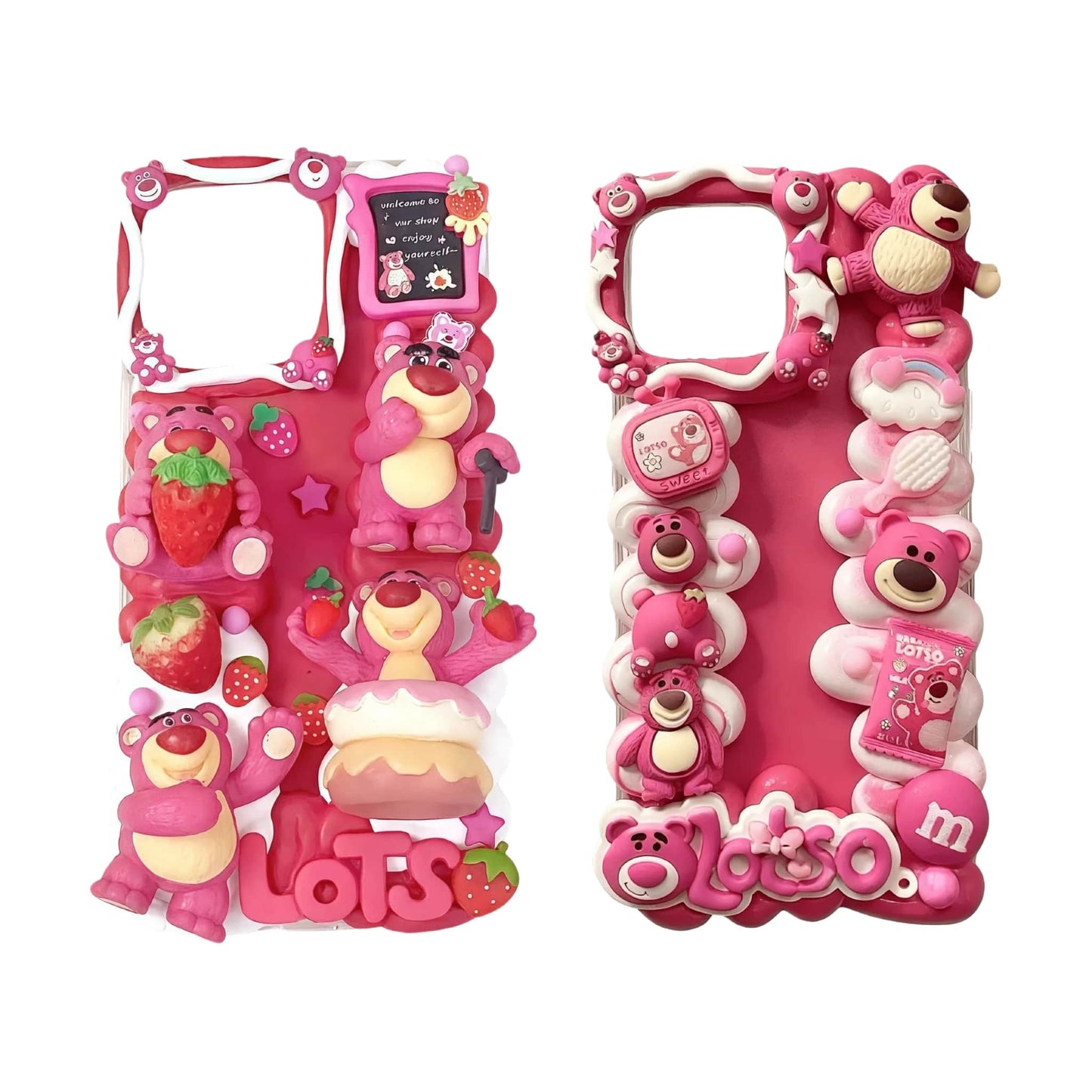 Handmade decoden phone case featuring pink Lotso bear character with cream glue embellishments and kawaii Baroque Y2K aesthetic