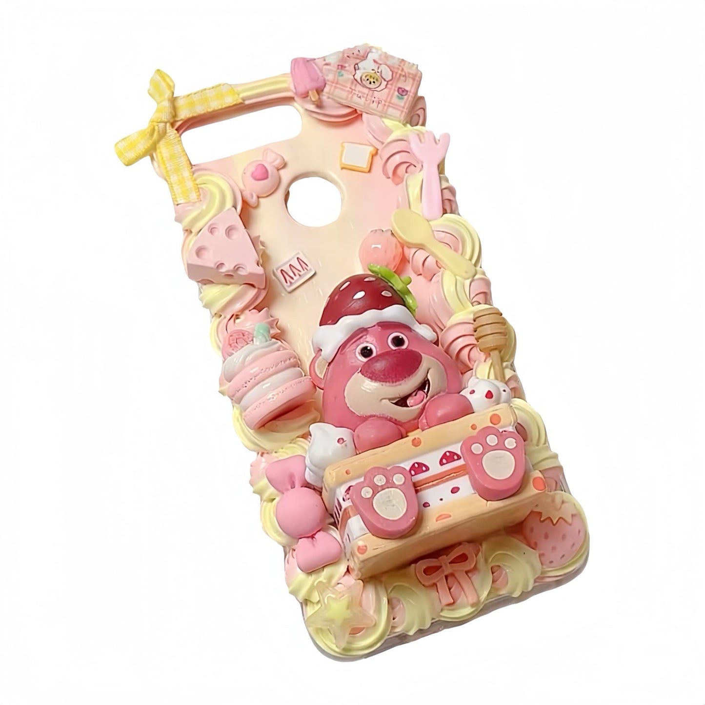 Handmade Y2K decoden phone case with 3D Lotso bear design, cream glue texture, shockproof protection, Baroque aesthetic, luxury gift-ready