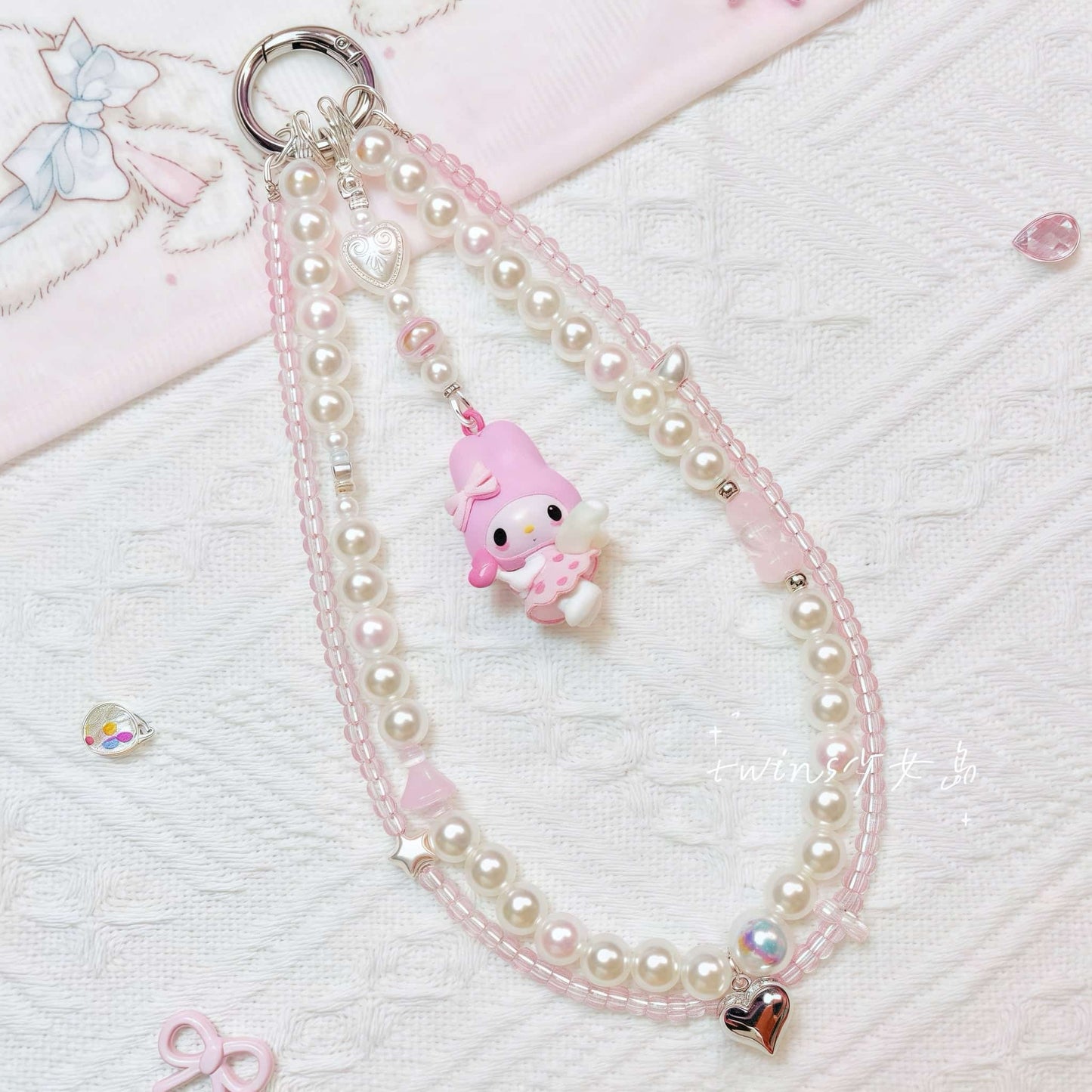 Handmade My Melody phone chain with baroque pearl beads and pink Sanrio charm