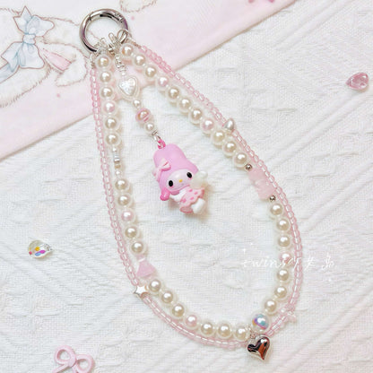 Handmade My Melody phone chain with baroque pearl beads and pink Sanrio charm