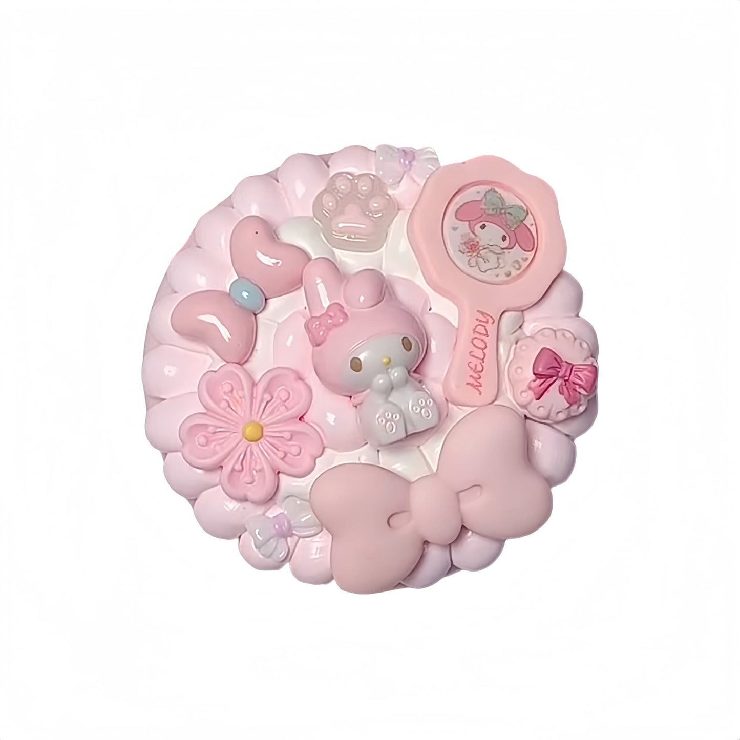 Handmade My Melody decoden mirror and comb set with cream glue baroque-style pearl and rhinestone embellishments