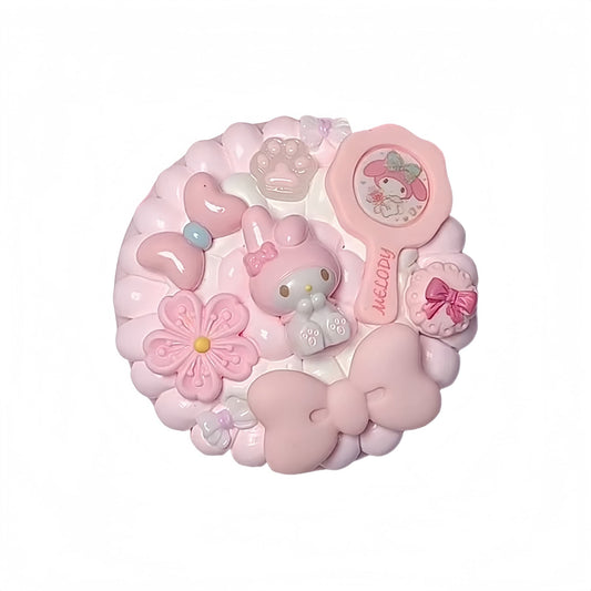 Handmade My Melody decoden mirror and comb set with cream glue baroque-style pearl and rhinestone embellishments