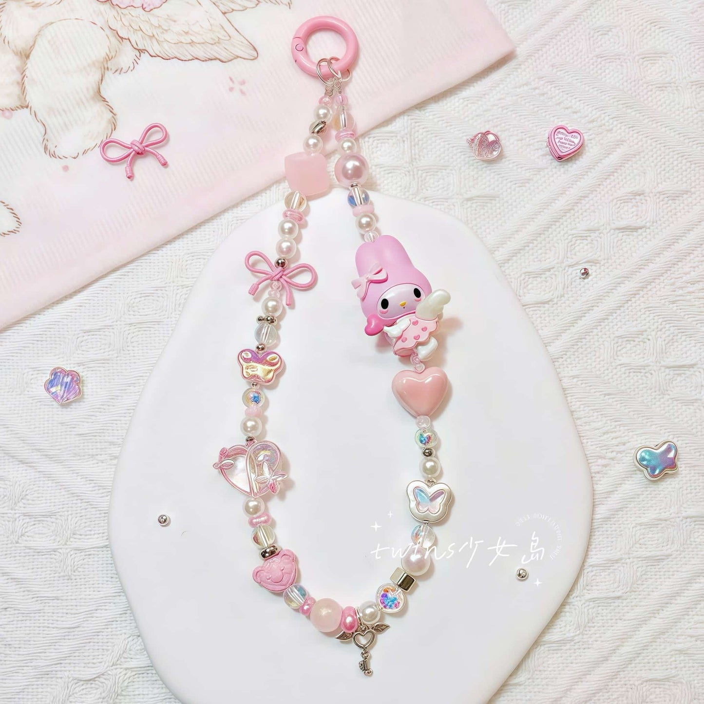 Handmade My Melody keychain with baroque pearl and crystal beads