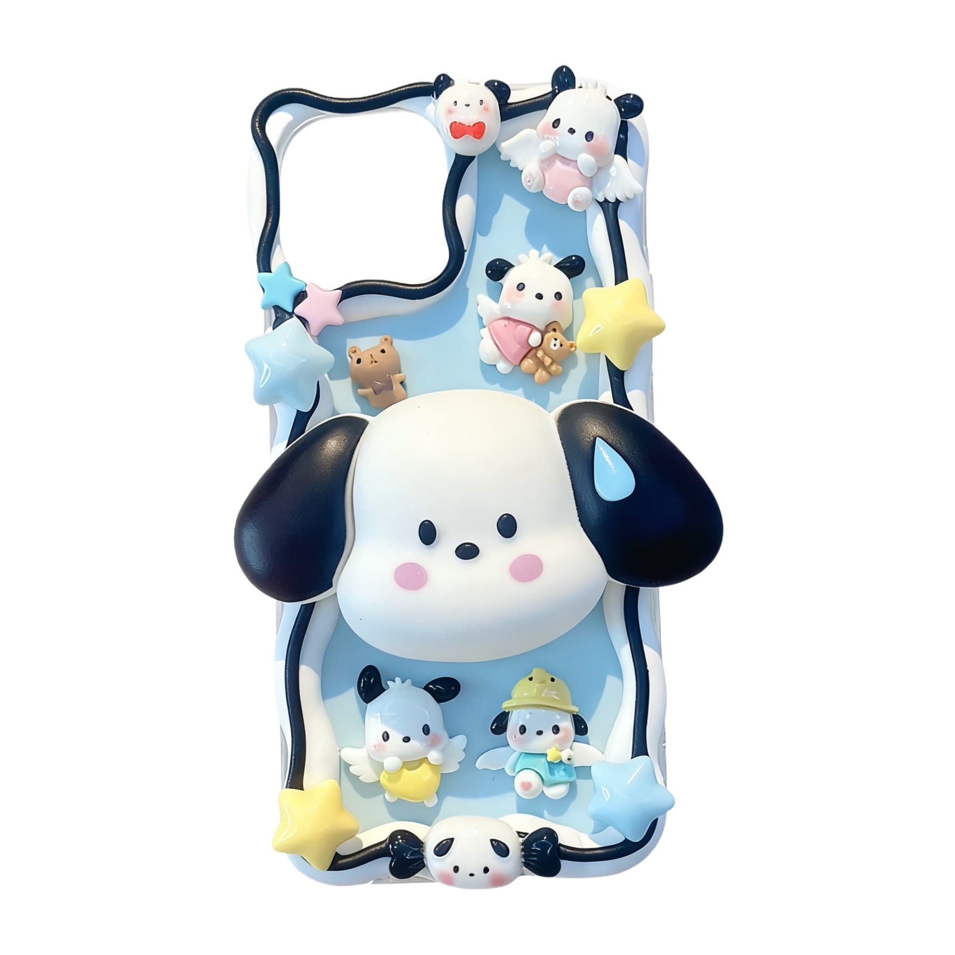 Handmade Sanrio Pochacco decoden phone case with cream glue baroque design and kawaii character charms