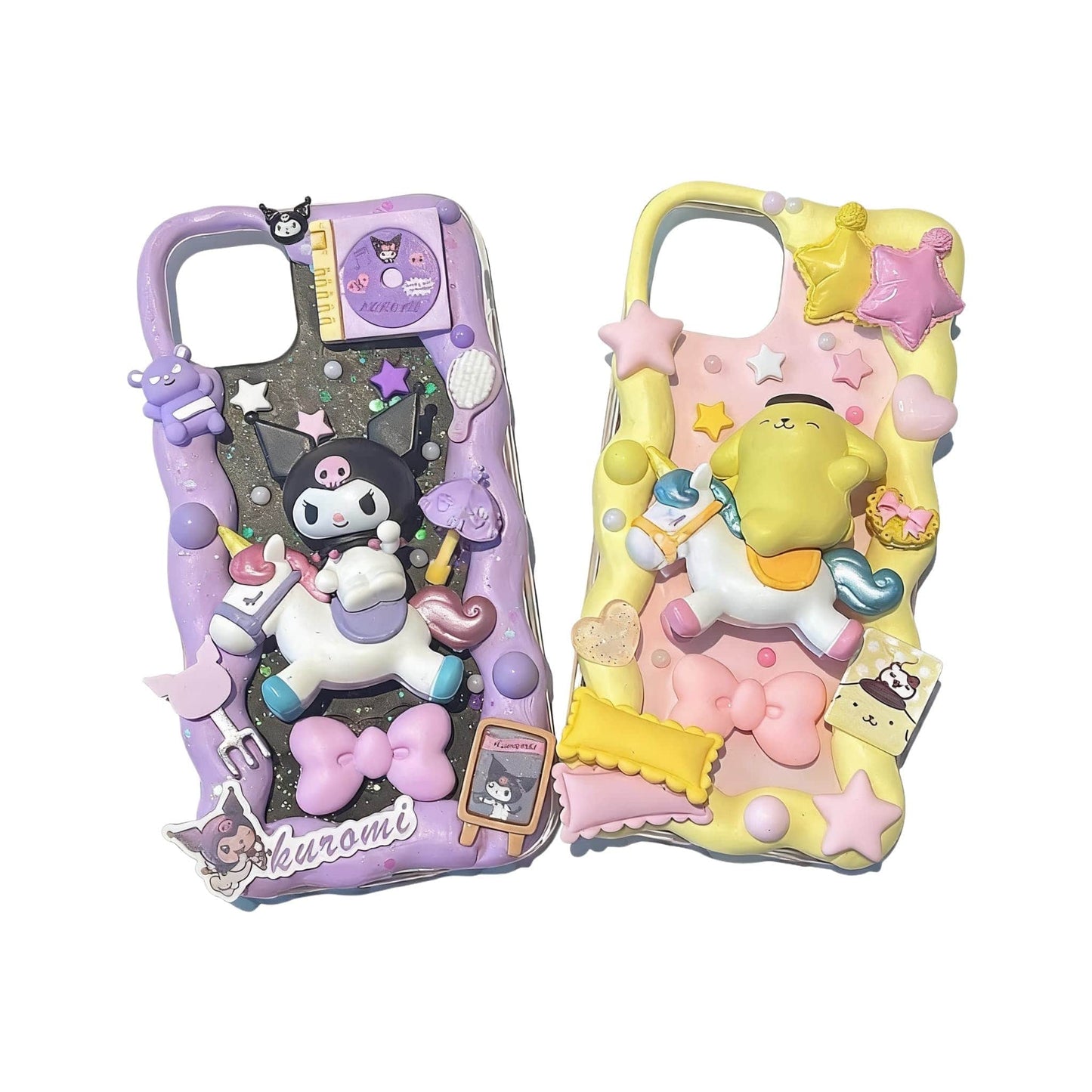 Pom Pom Purin and Kuromi custom decoden phone case with 3D cream decorations and Sanrio charms