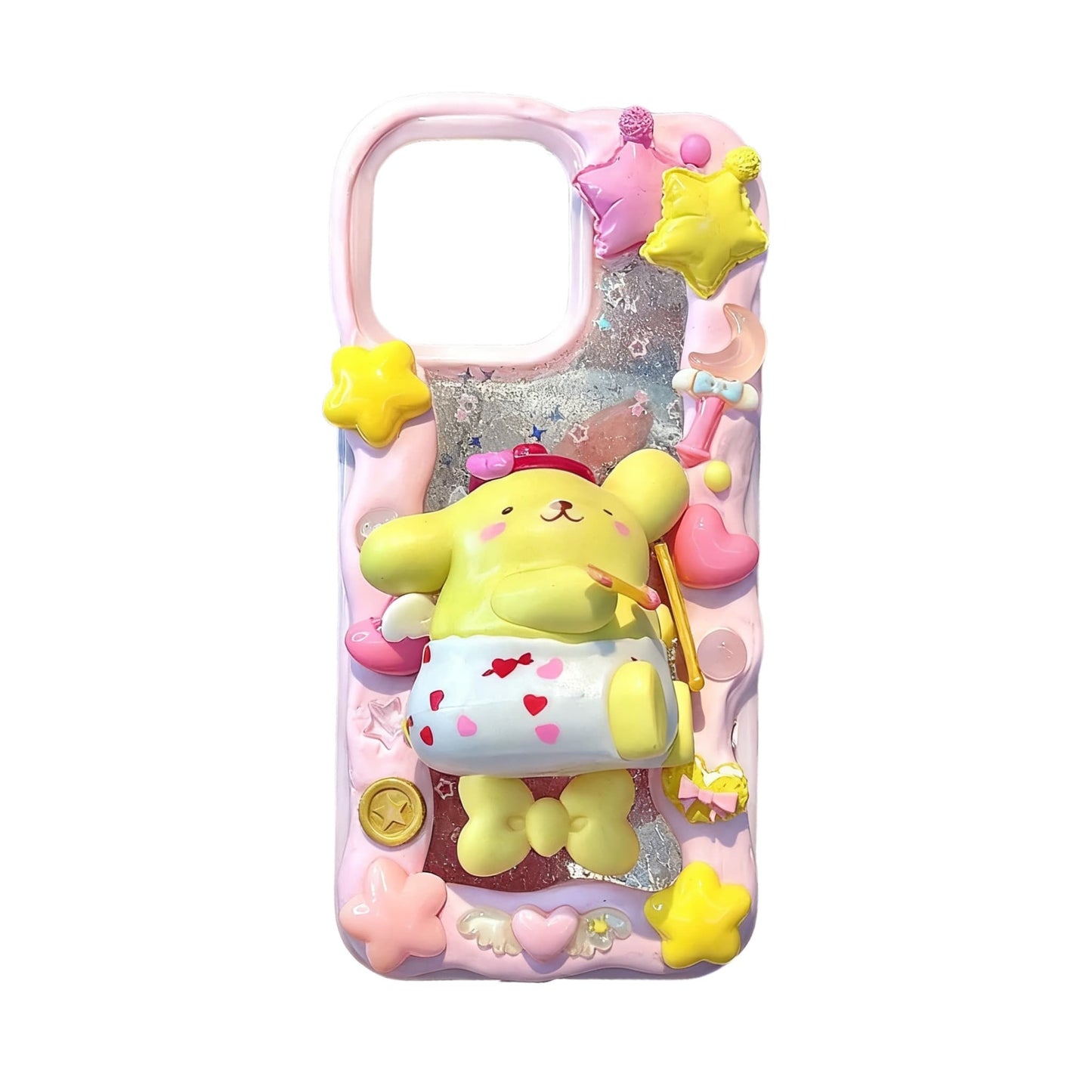 Pom Pom Purin decoden phone case with 3D whipped cream texture and golden yellow Sanrio charms