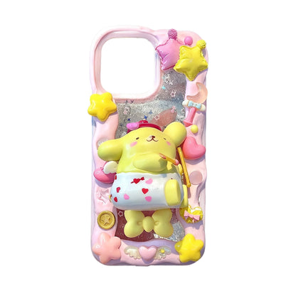 Pom Pom Purin decoden phone case with 3D whipped cream texture and golden yellow Sanrio charms