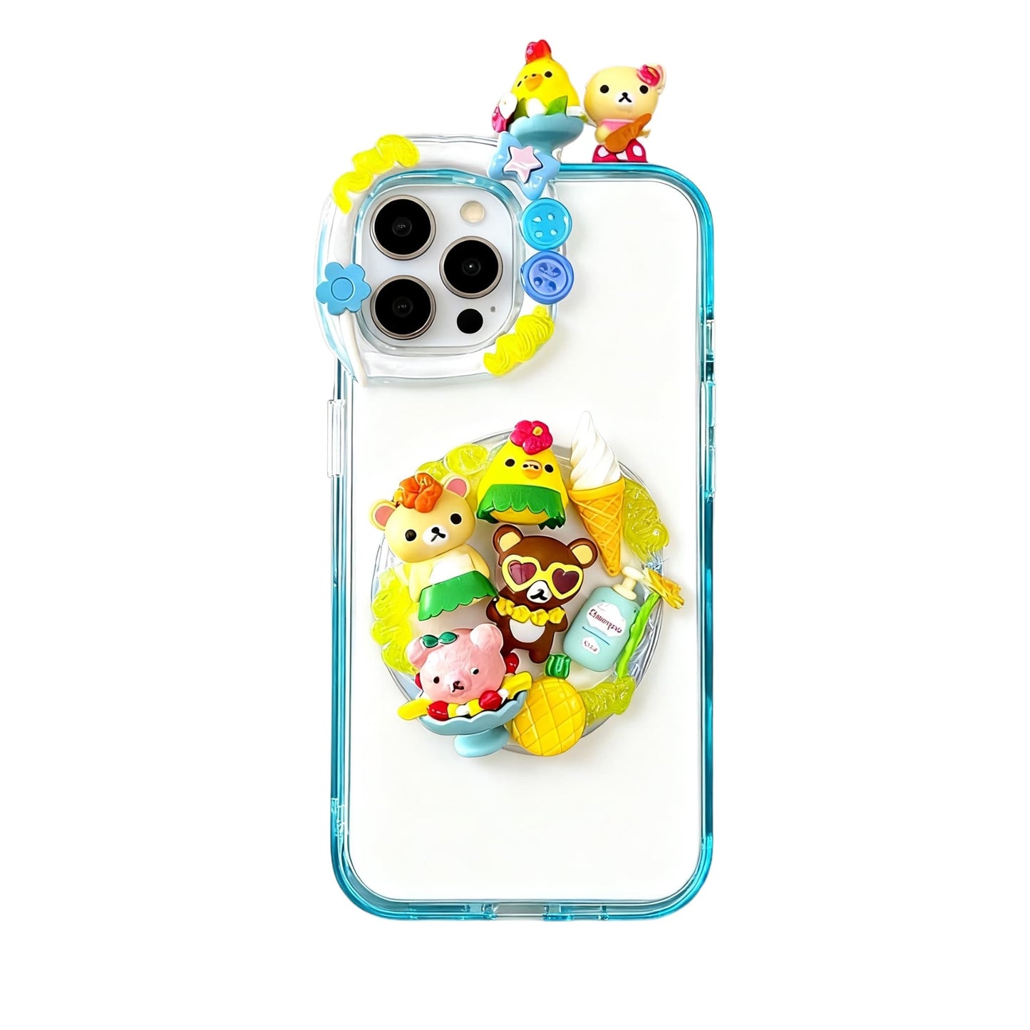Handmade Rilakkuma decoden phone case in blue, featuring kawaii cream glue design with baroque-inspired pearls and Y2K style