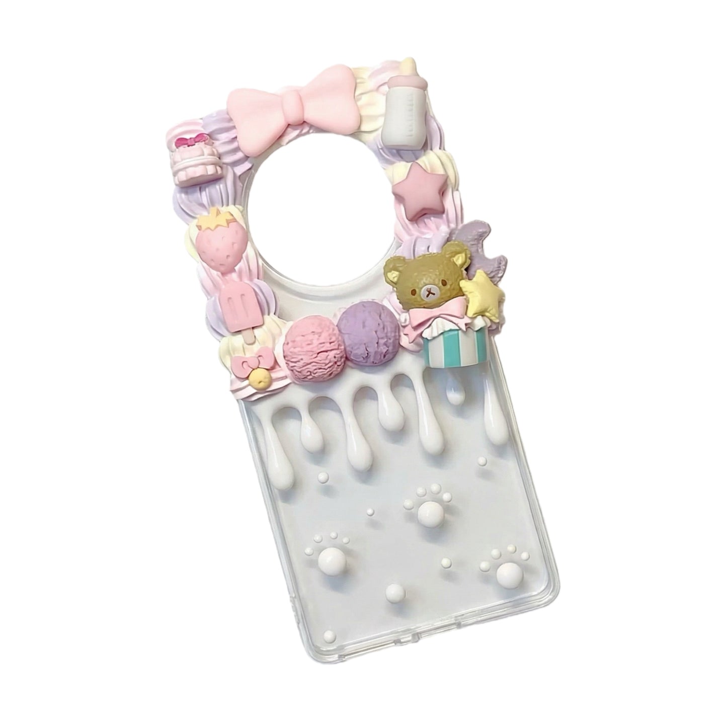 Custom Rilakkuma decoden phone case close-up detail, handcrafted with cream glue texture and baroque pearl accents