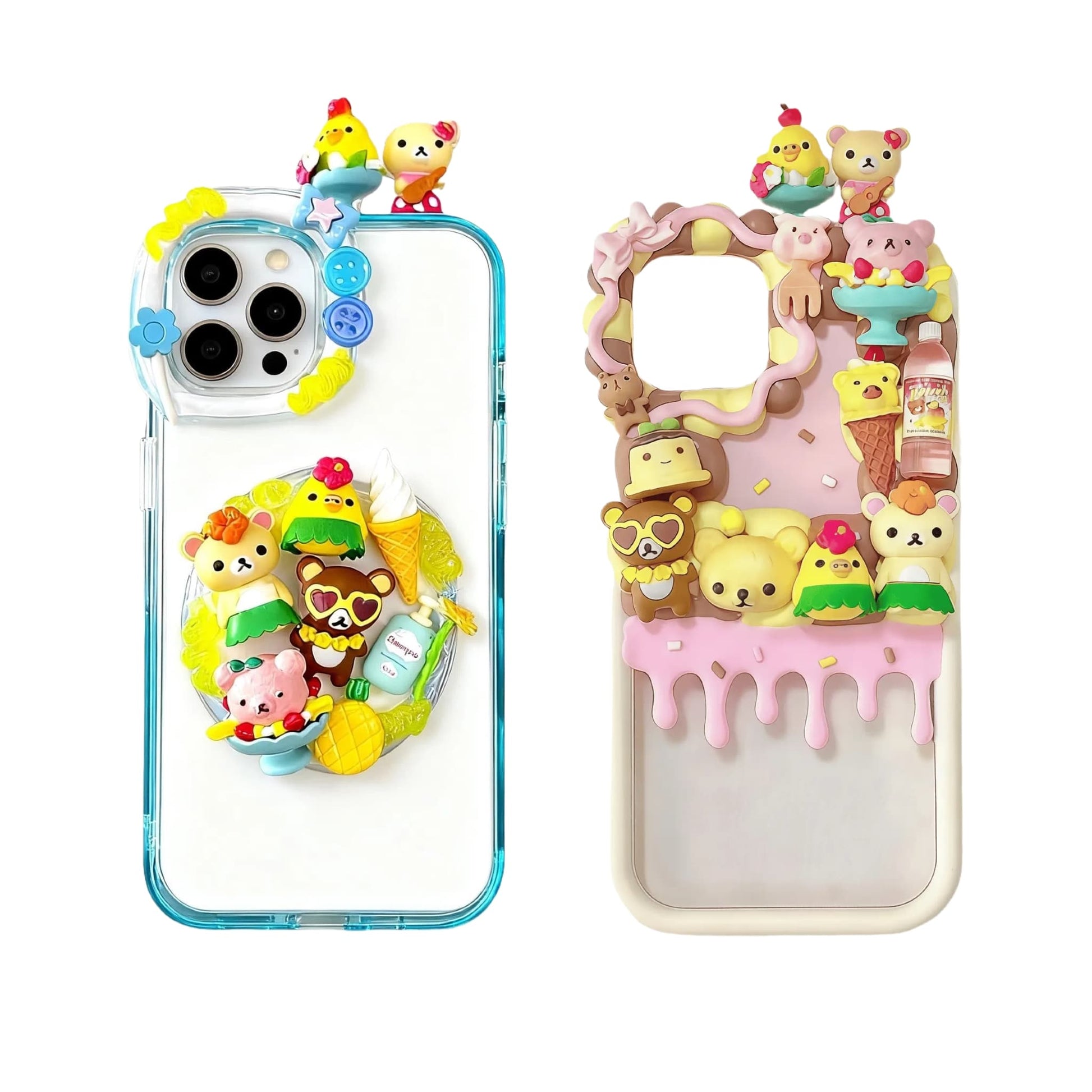 Custom handmade Rilakkuma decoden phone case with kawaii cream glue design, featuring baroque pearls and Y2K aesthetic embellishments