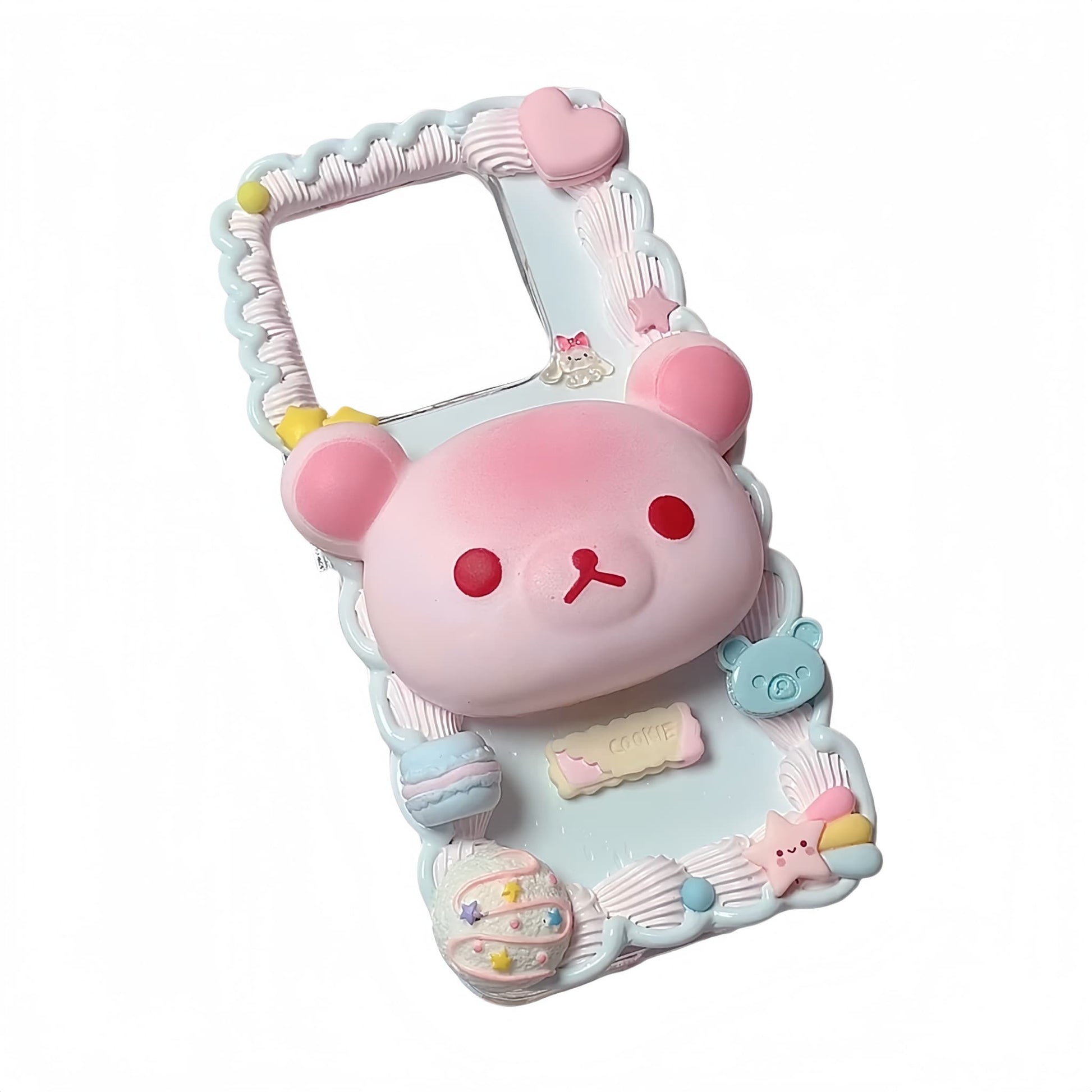 Handmade 3D Rilakkuma decoden phone case in blue, featuring kawaii cream glue design with baroque pearls and Y2K aesthetic