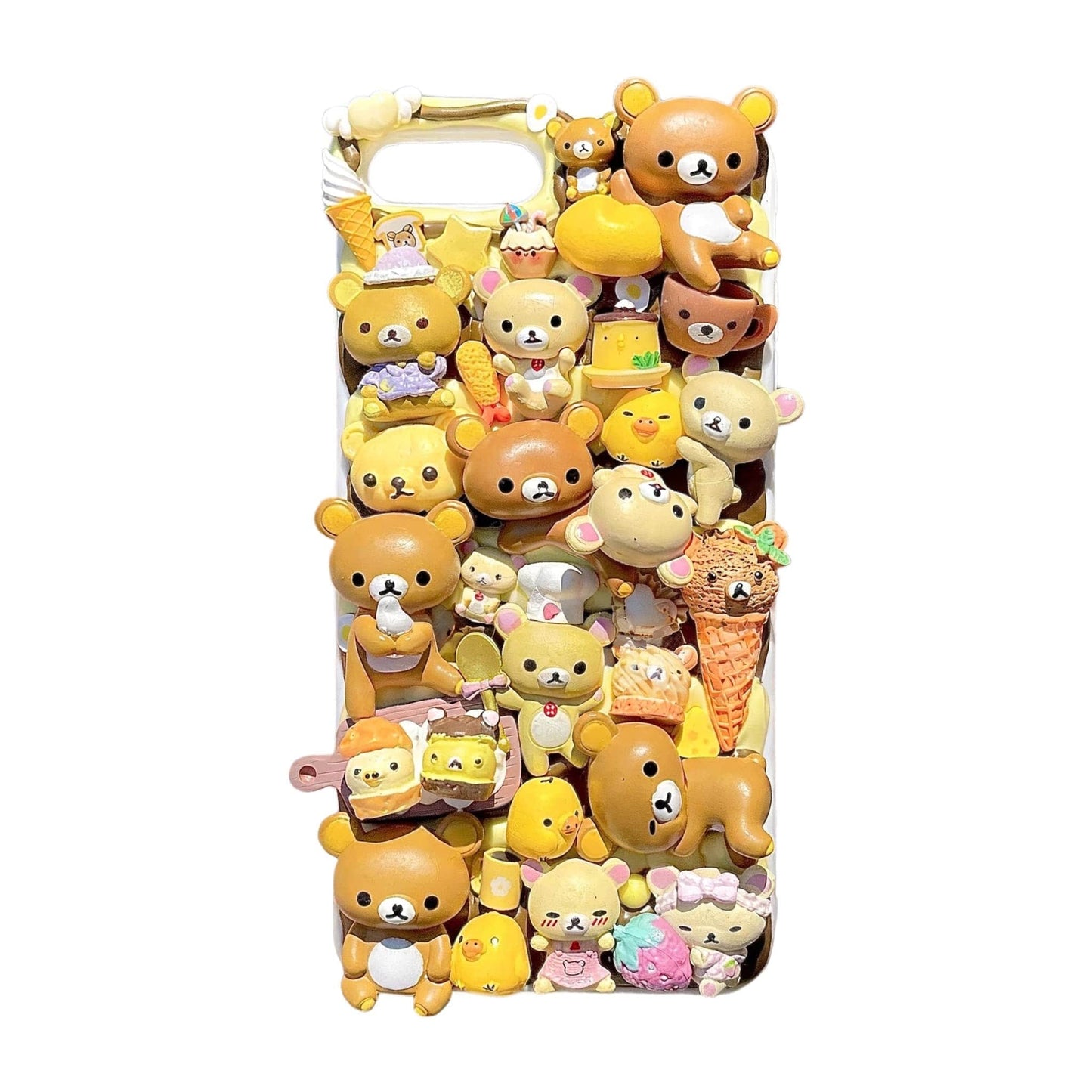 Handmade Rilakkuma decoden phone case with cream glue design, featuring kawaii baroque-style embellishments and custom decorations
