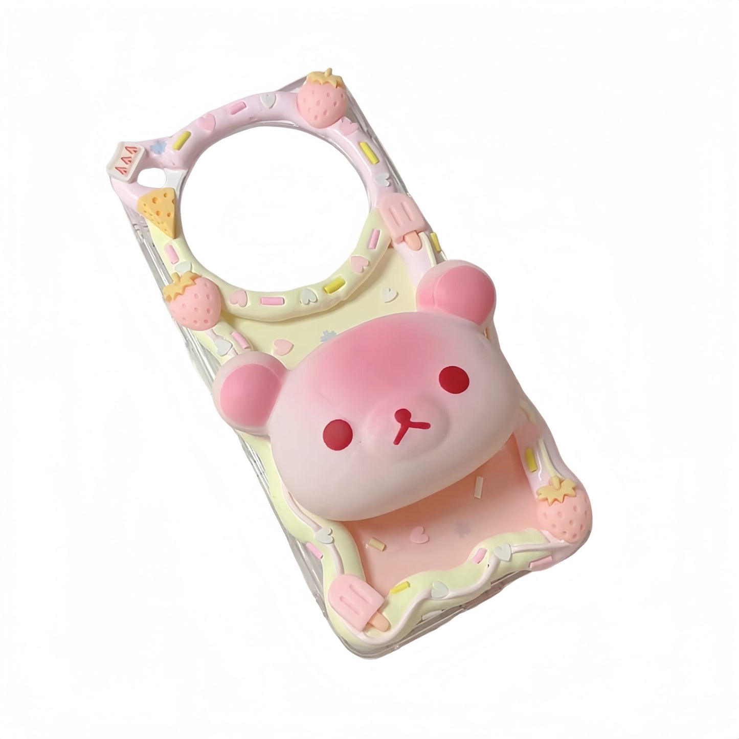 Handmade 3D Rilakkuma decoden phone case in yellow, featuring kawaii cream glue design with baroque-inspired embellishments