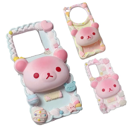 Handmade 3D Rilakkuma decoden phone case with kawaii cream glue design, baroque pearls and Y2K style decoration
