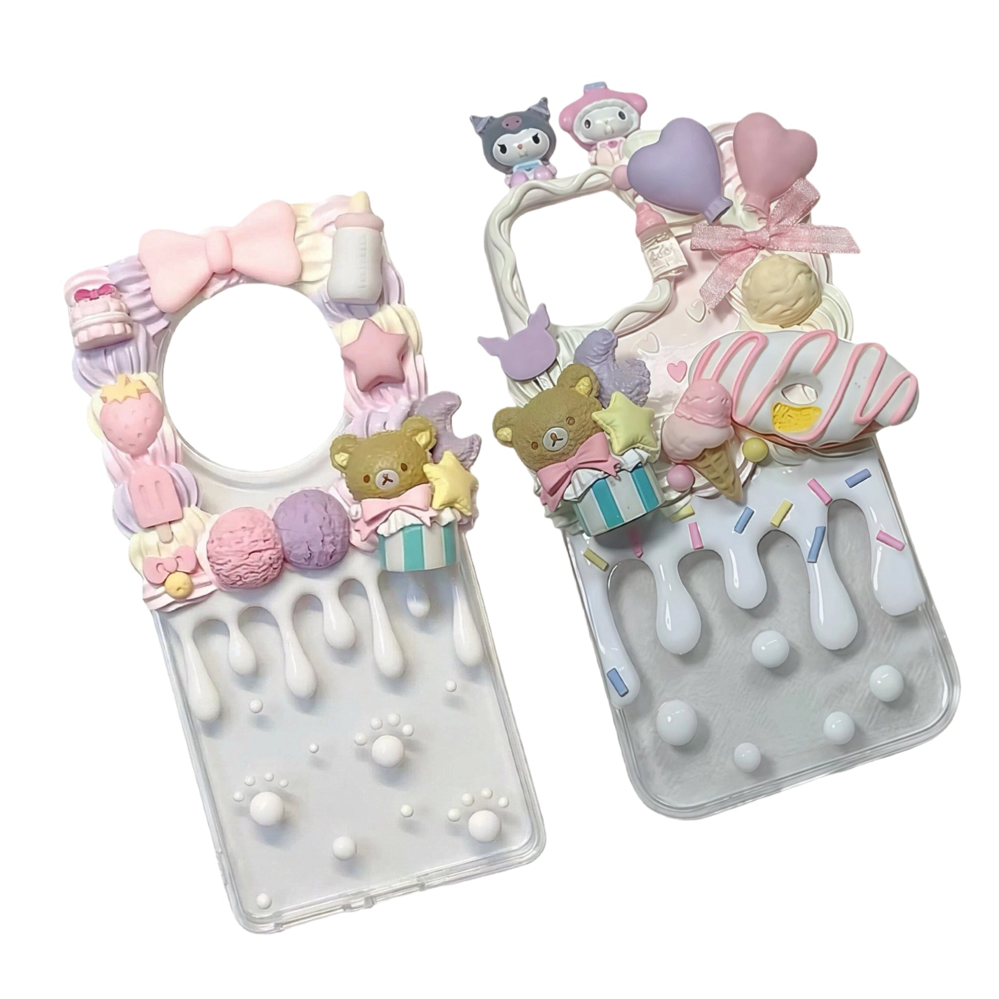 Handmade kawaii Rilakkuma decoden phone case with cream glue design, featuring baroque-inspired pearls and Y2K aesthetic embellishments