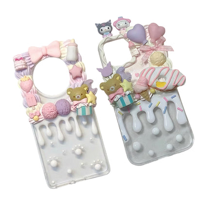 Handmade kawaii Rilakkuma decoden phone case with cream glue design, featuring baroque-inspired pearls and Y2K aesthetic embellishments