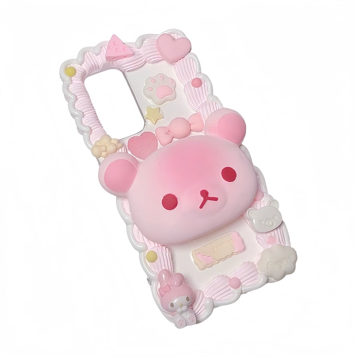 Handmade 3D Rilakkuma decoden phone case in pink, featuring kawaii cream glue design with baroque-inspired accents and Y2K aesthetic