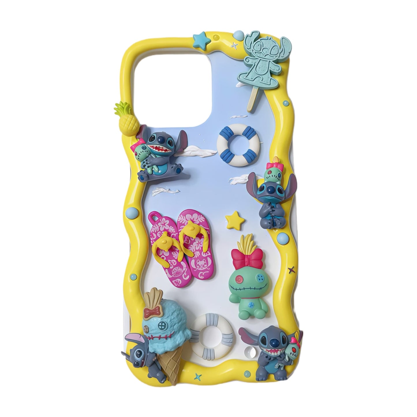 Handmade kawaii Stitch decoden phone case with cream glue design, featuring baroque-inspired