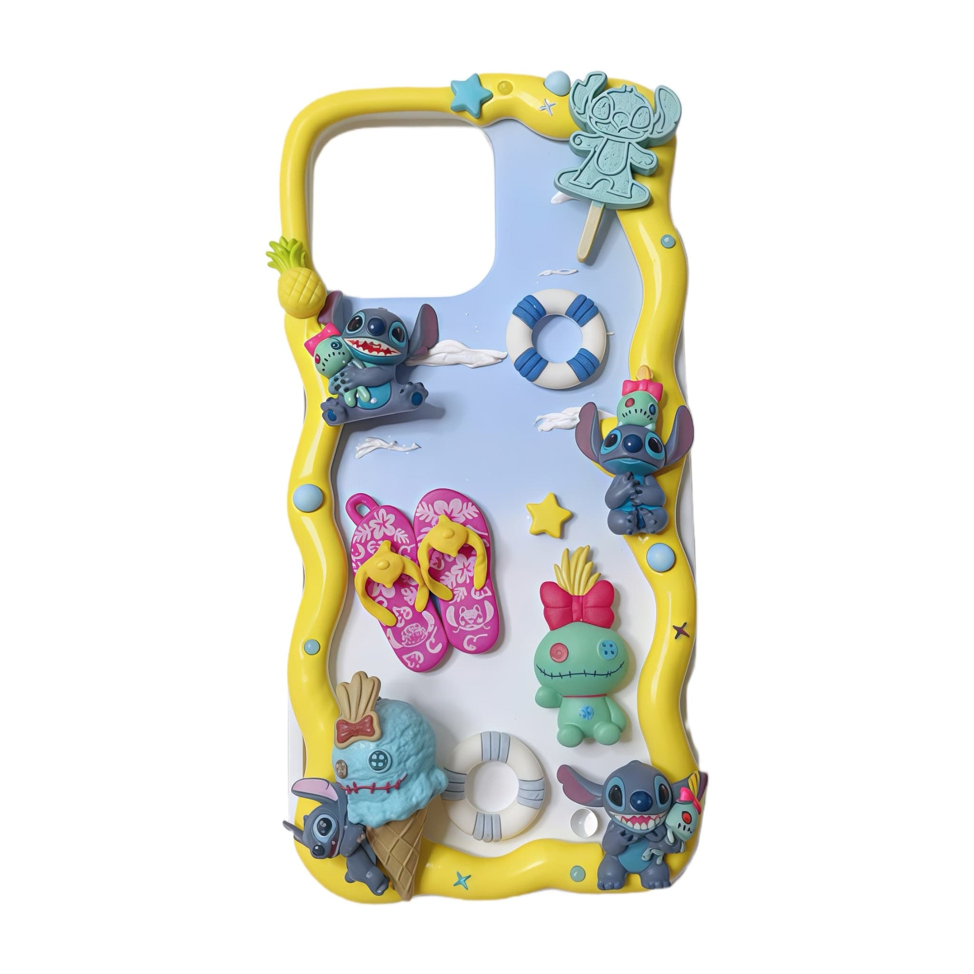 Handmade kawaii Stitch decoden phone case with cream glue design, featuring baroque-inspired