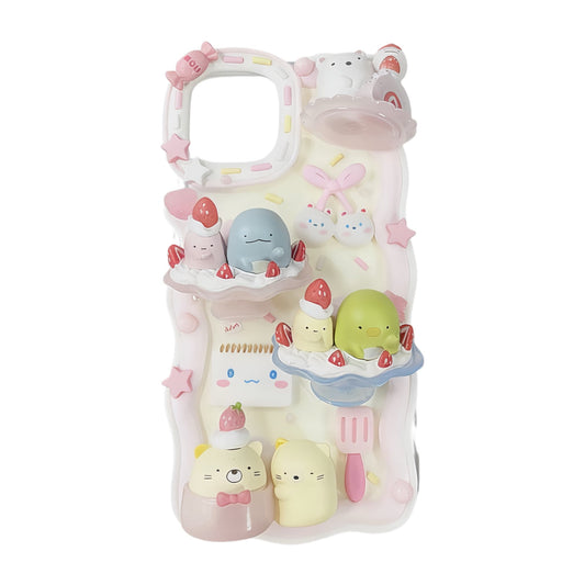 Handmade decoden phone case featuring Sumikko Gurashi characters with cream glue design, baroque embellishments and kawaii Y2K aesthetic