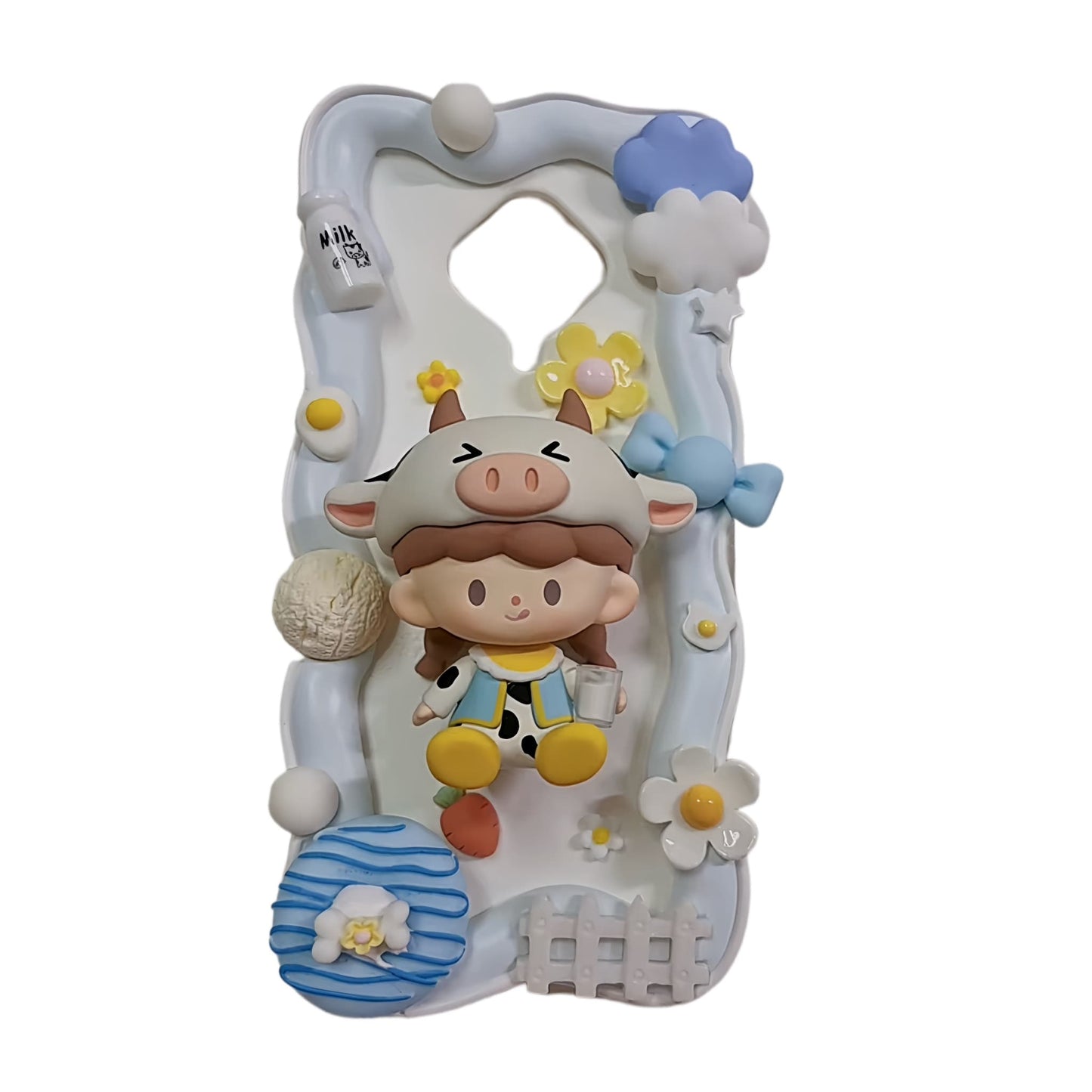 Close-up of custom decoden phone case with kawaii Minnie character, luxe cream glue detailing and decorative embellishments