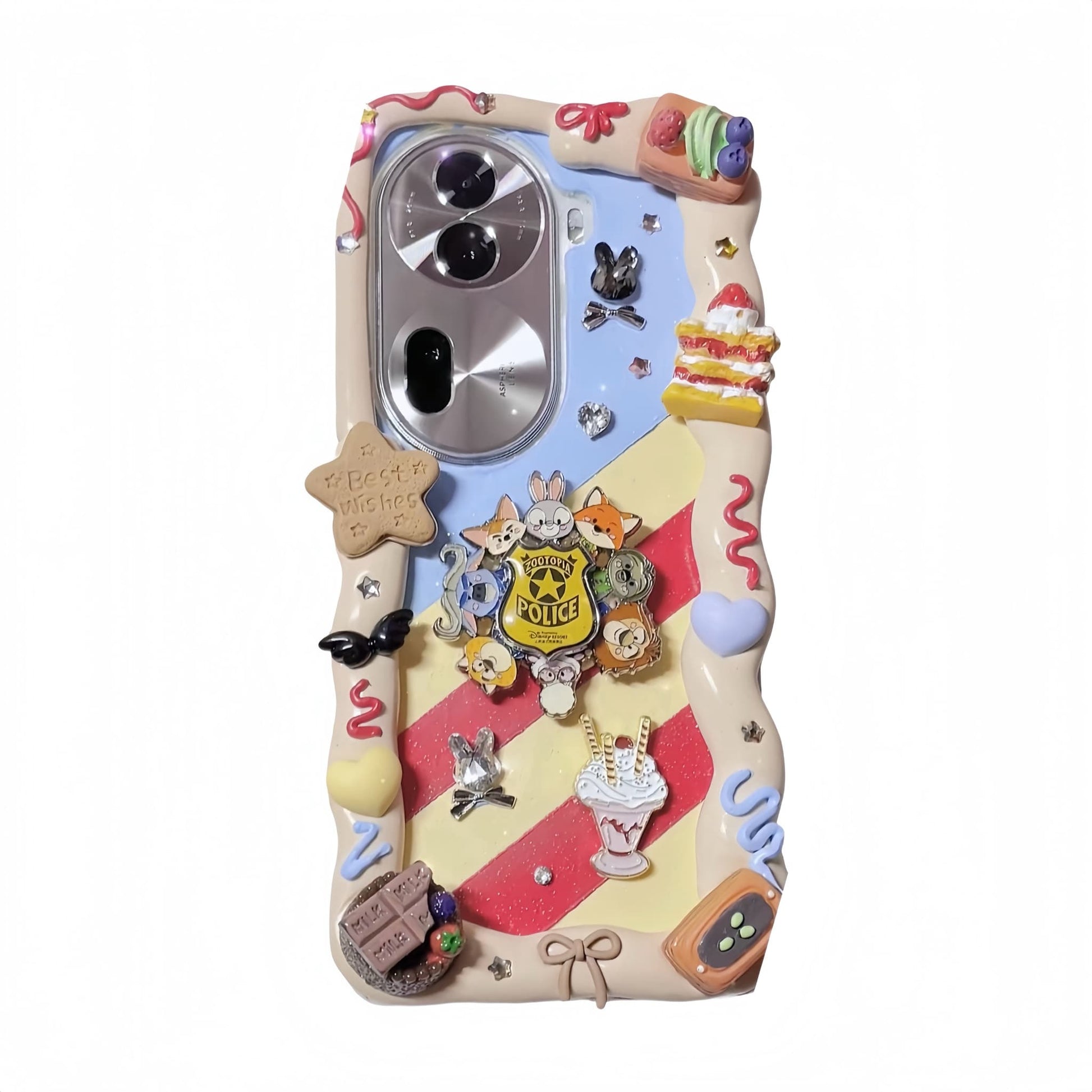 Handmade baroque Zootopia decoden phone case with cream glue design, featuring kawaii Y2K embellishments and character decorations
