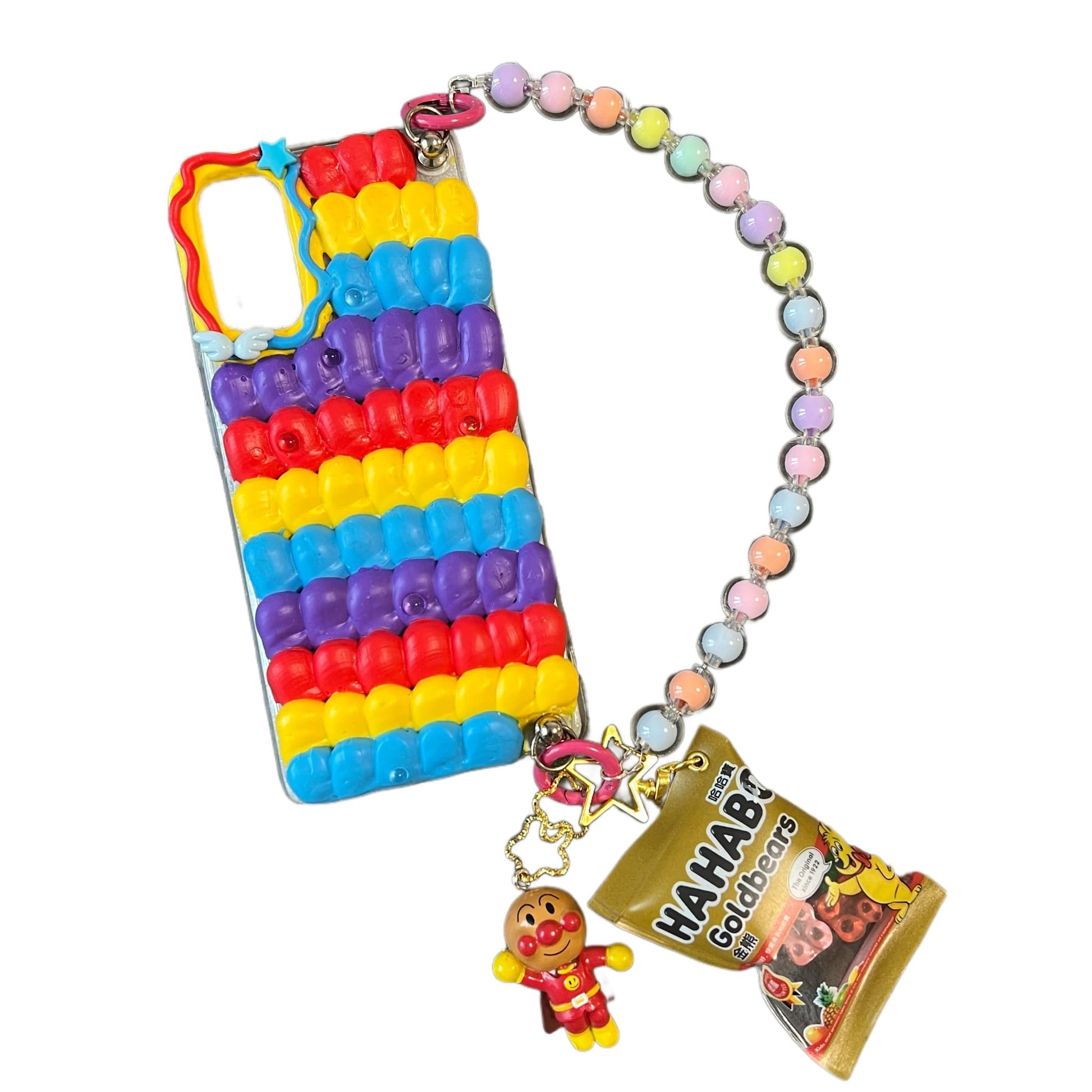 Handmade decoden phone case featuring Anpanman character with cream glue design, Y2K aesthetic with kawaii Japanese anime theme