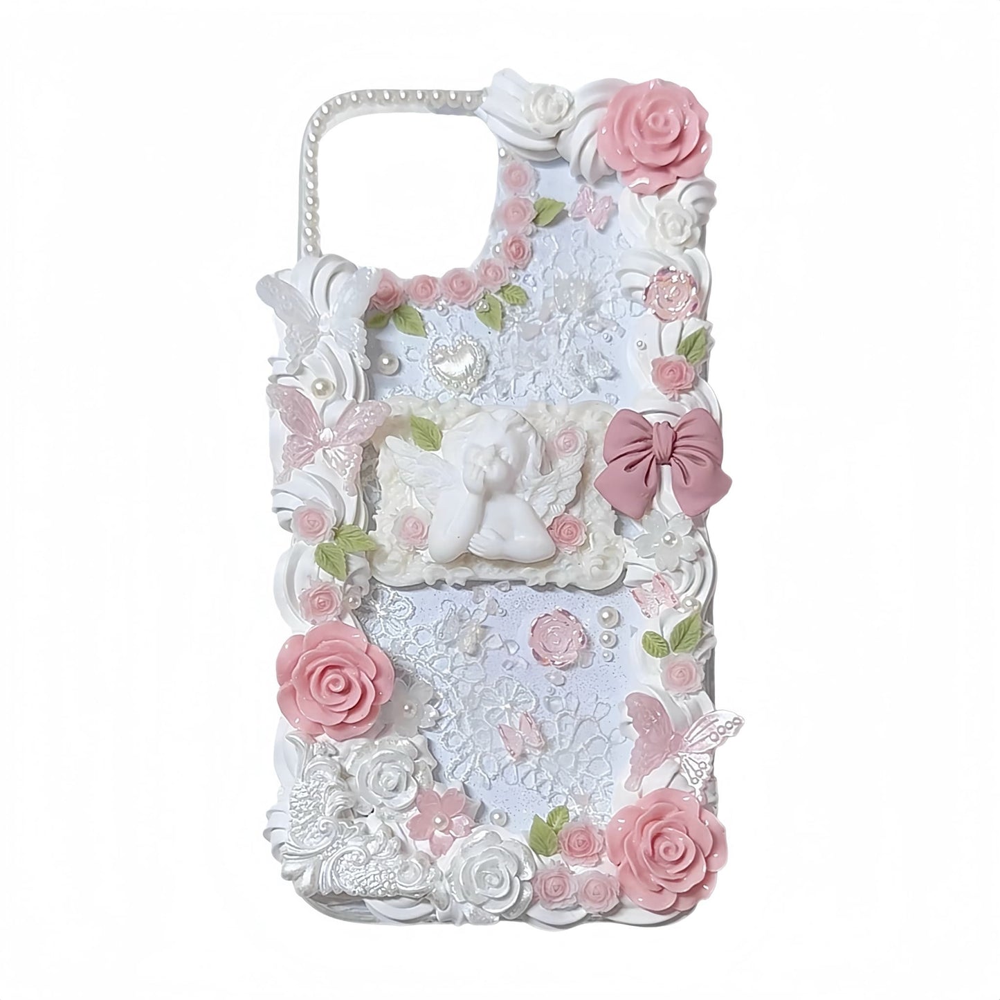 decorative decoden phone cases with angel accents, bows & pearls, romantic aesthetic.