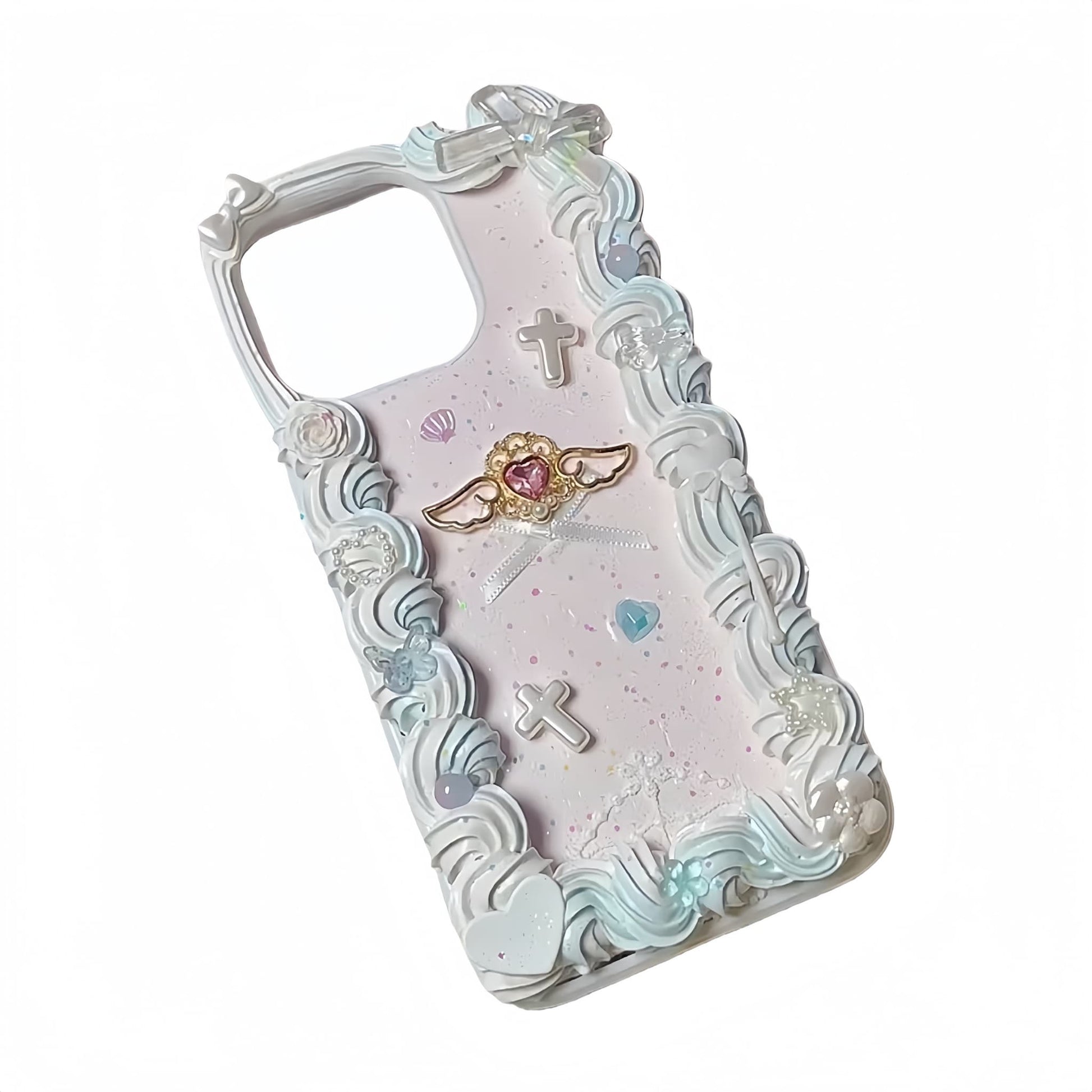 Y2K decoden phone case showing complete baroque coquette design with handmade cream glue embellishment
