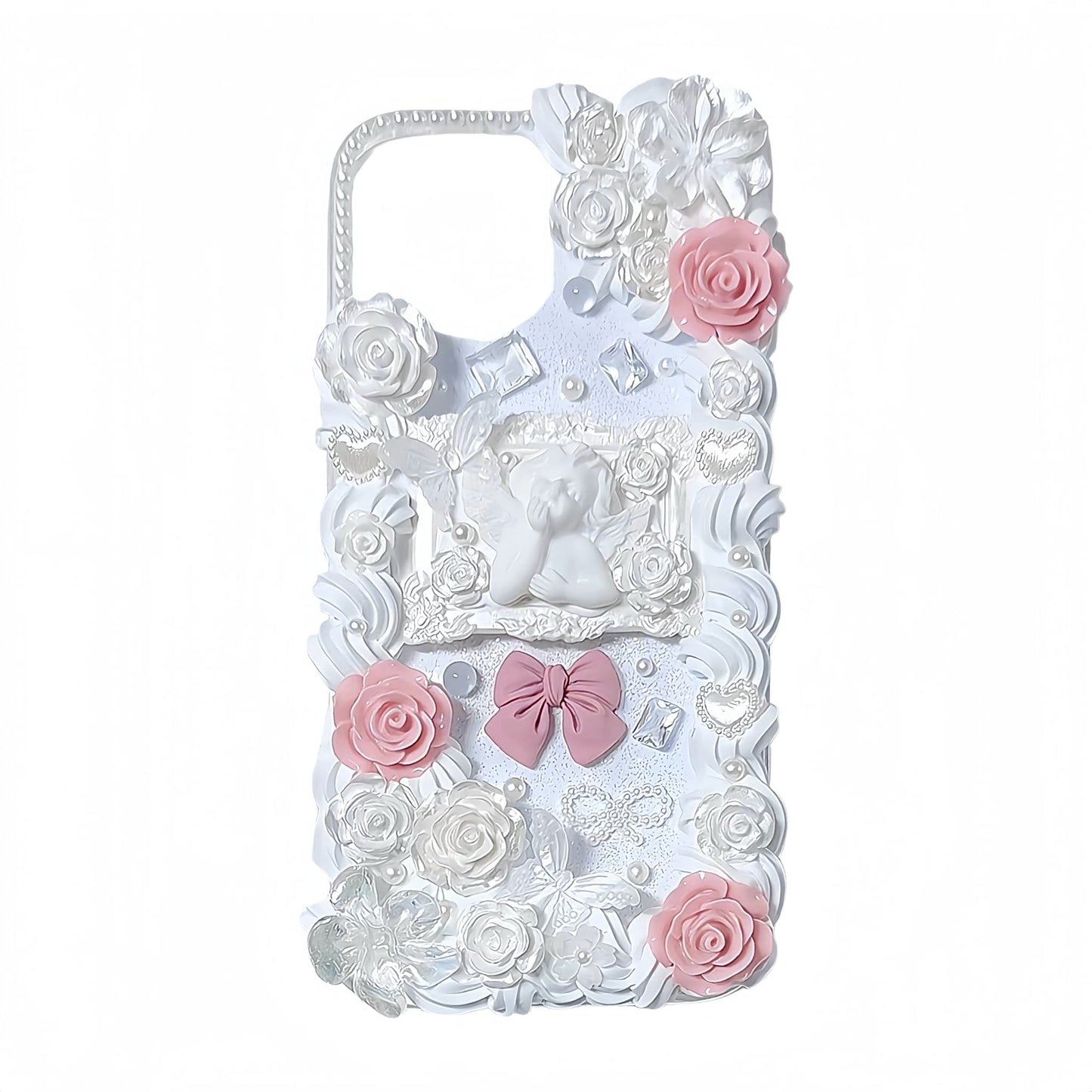 decoden phone cases: 3D white-pink roses, angel motifs