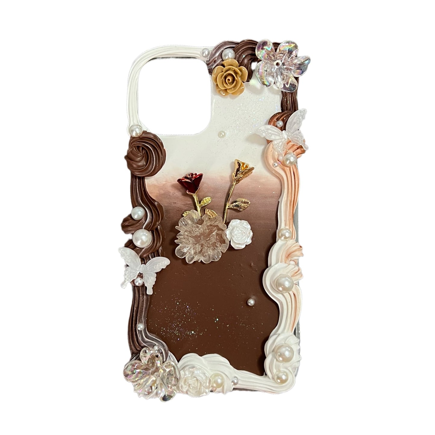 Brown baroque decoden phone case - handmade cream glue design with ornate details