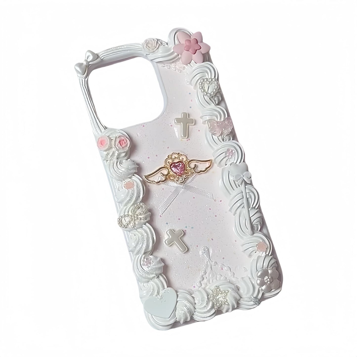 Y2K decoden phone case showing complete baroque coquette design with handmade cream glue embellishments