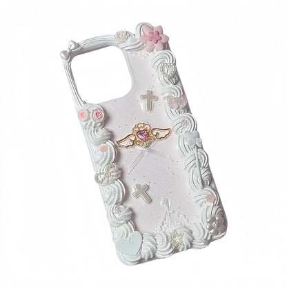 Y2K decoden phone case showing complete baroque coquette design with handmade cream glue embellishments