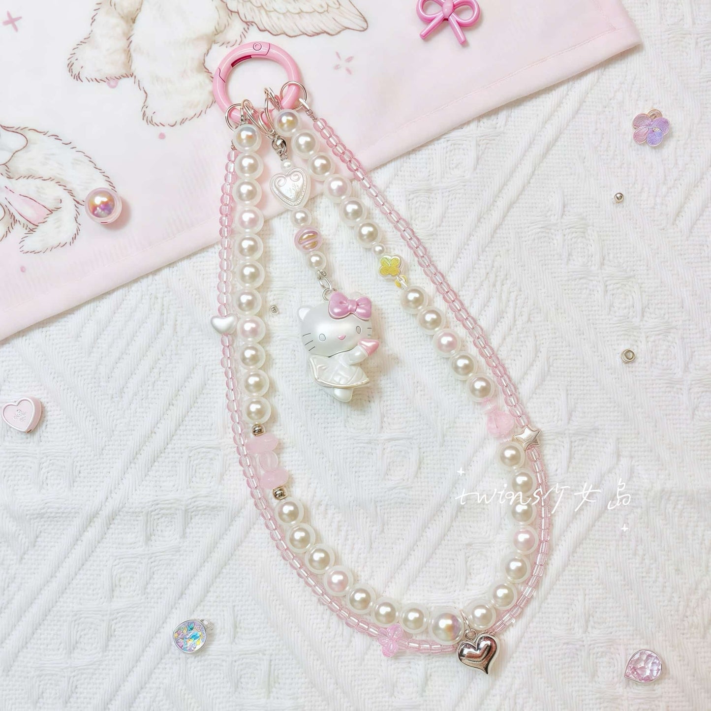 Handmade Hello Kitty phone chain with baroque pearl beads - premium Sanrio accessory