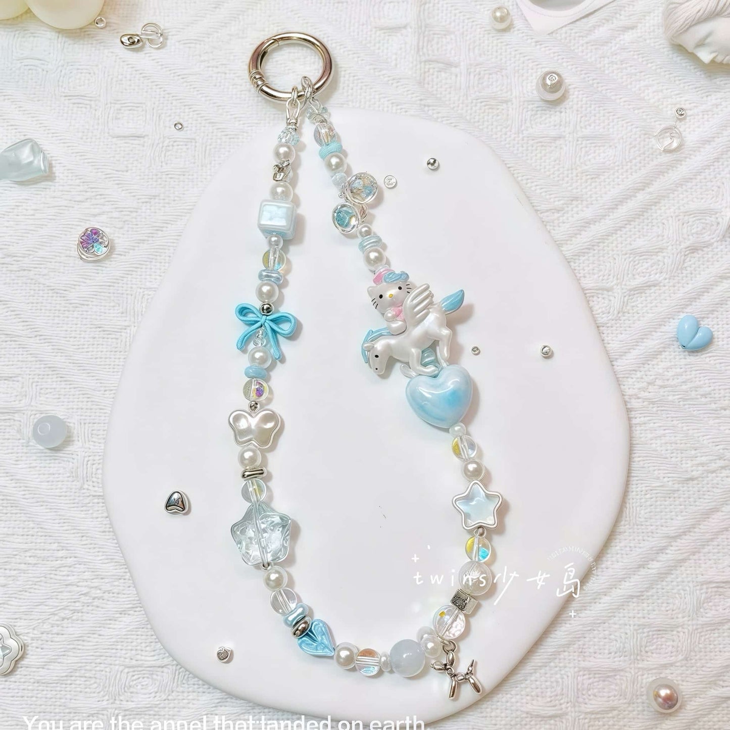Handmade blue Hello Kitty phone chain with crystal beads and baroque pearl charm