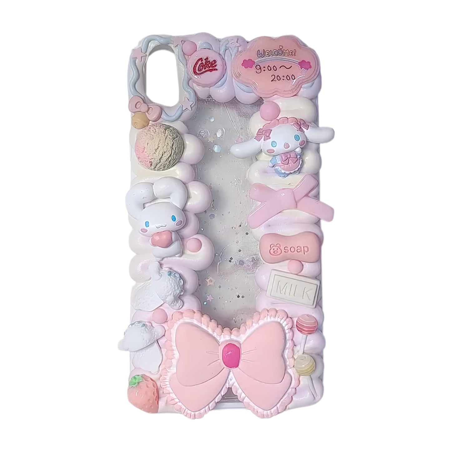 Custom pink Cinnamoroll phone case with handcrafted decoden cream glue design and kawaii embellishments
