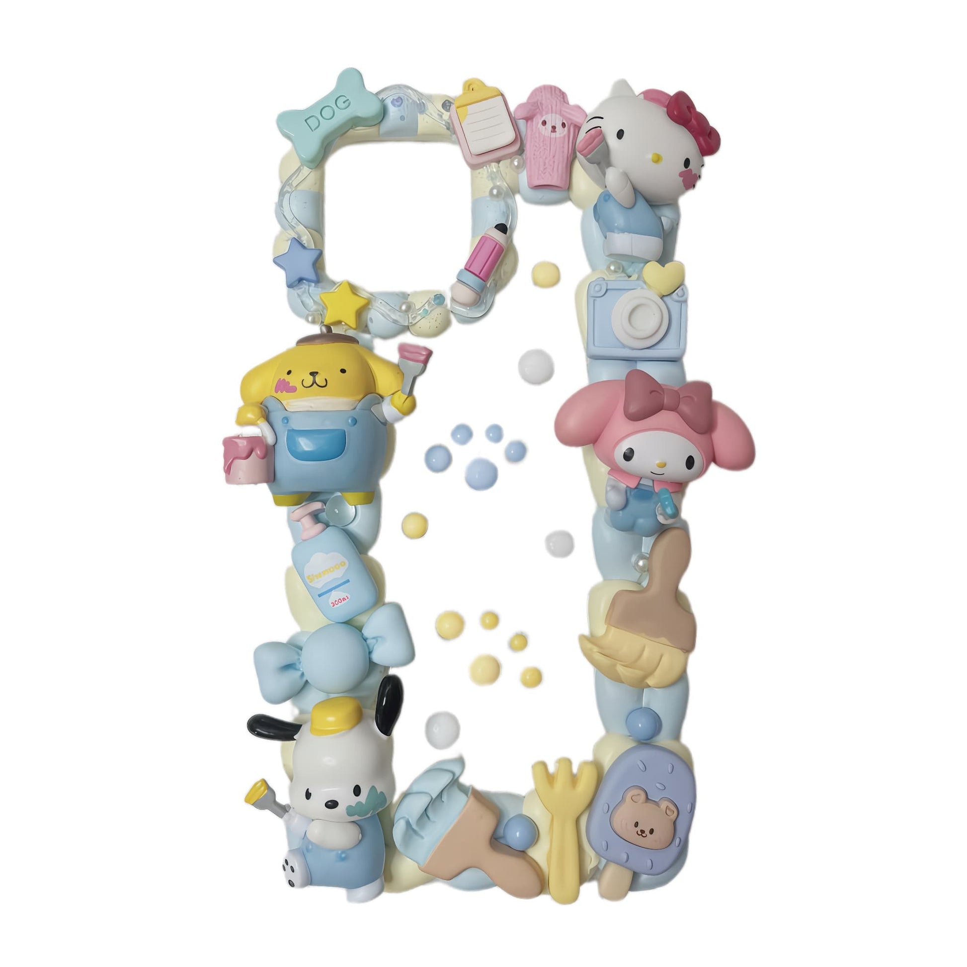 blue decoden phone case showcasing intricate Sanrio character details and handcrafted cream glue texture