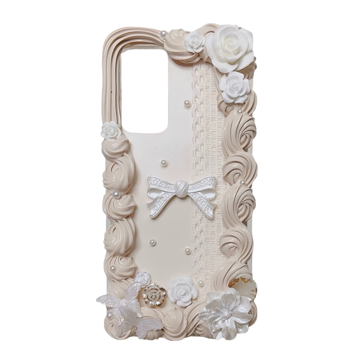 Baroque decoden phone case featuring handmade bow and angel cream glue design details