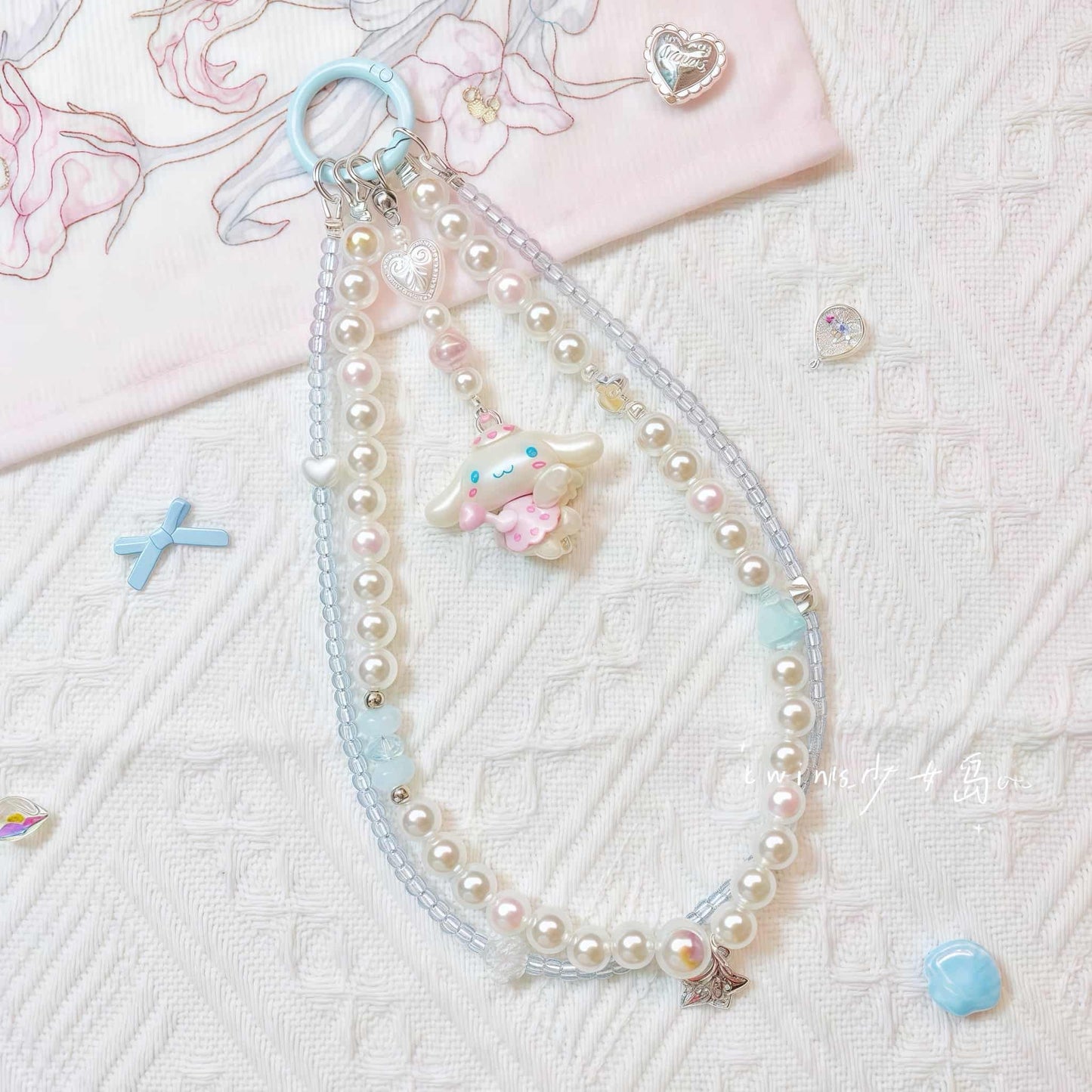 Handmade Cinnamoroll phone chain with baroque pearl beads and blue character charm