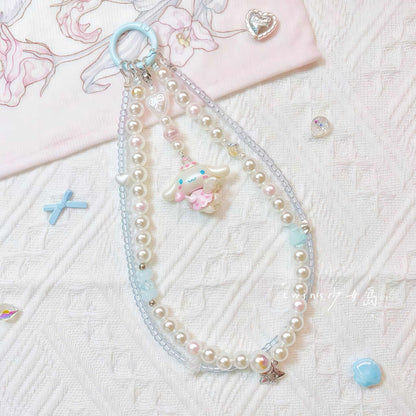 Handmade Cinnamoroll phone chain with baroque pearl beads and blue character charm