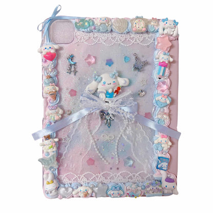 Cinnamoroll decoden iPad case with whipped cream texture and kawaii blue cloud decorations