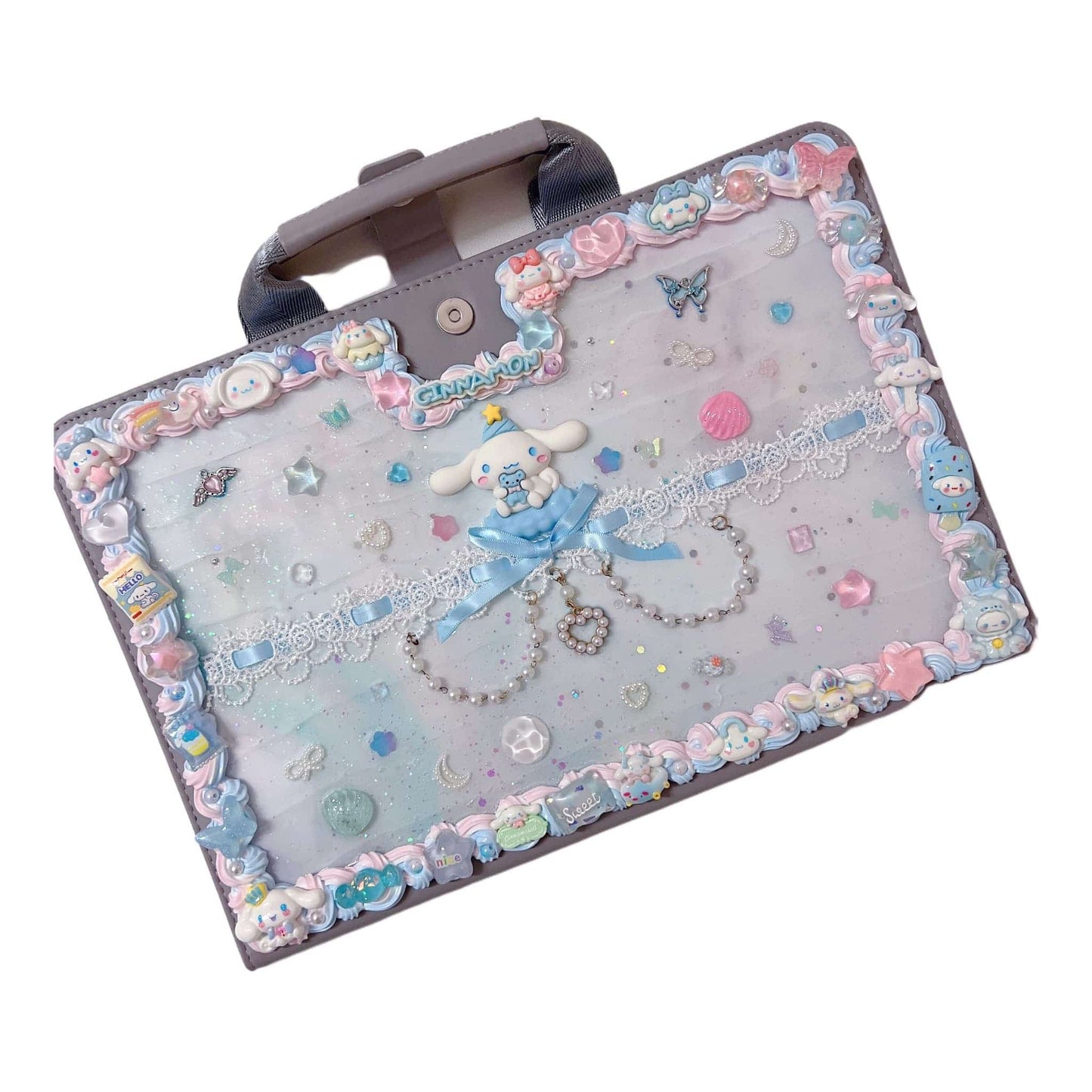 Handmade kawaii decoden laptop case with handle featuring cream glue decoration