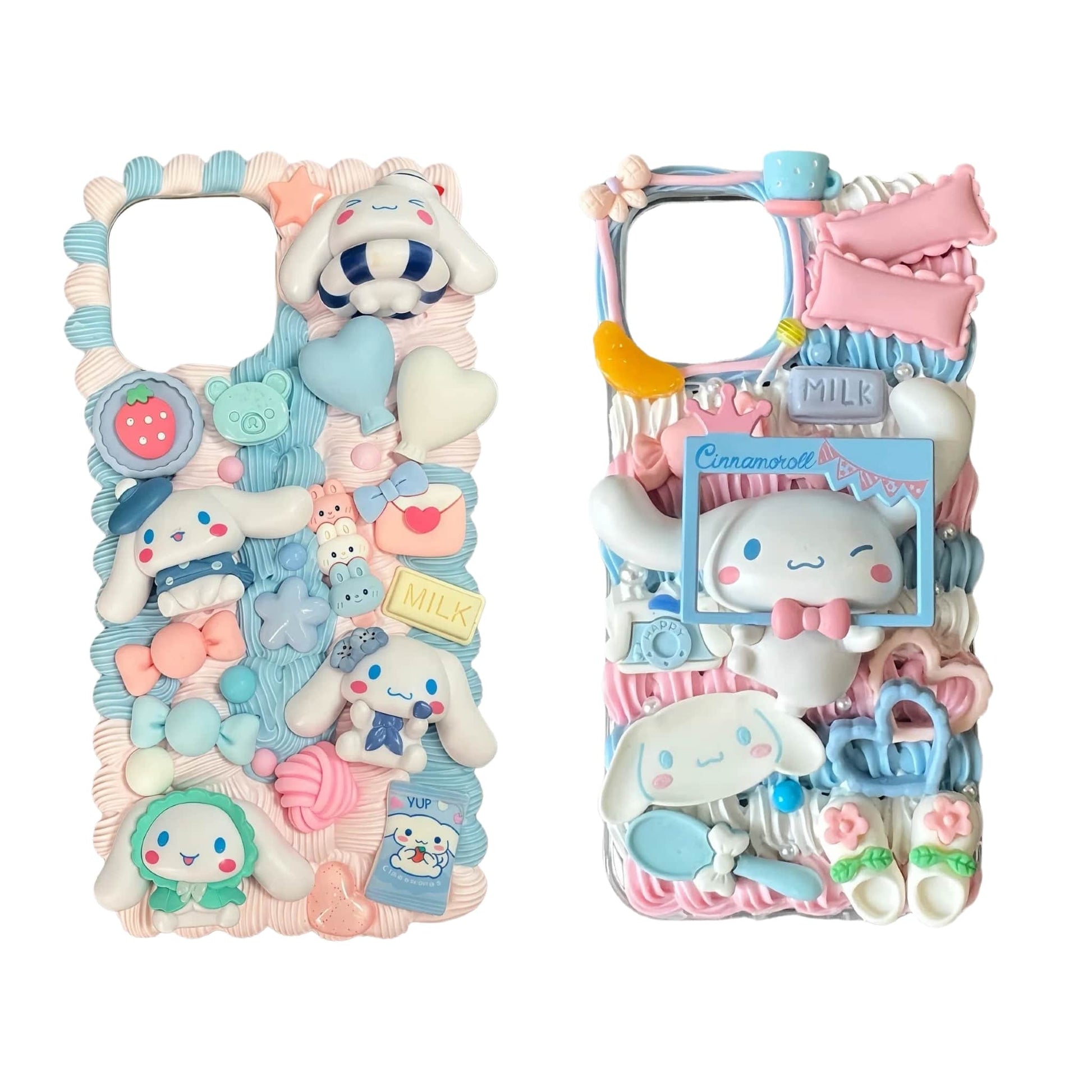sanrio Cinnamoroll Y2K phone case featuring handcrafted kawaii decoden design with cream glue and adorable character elements