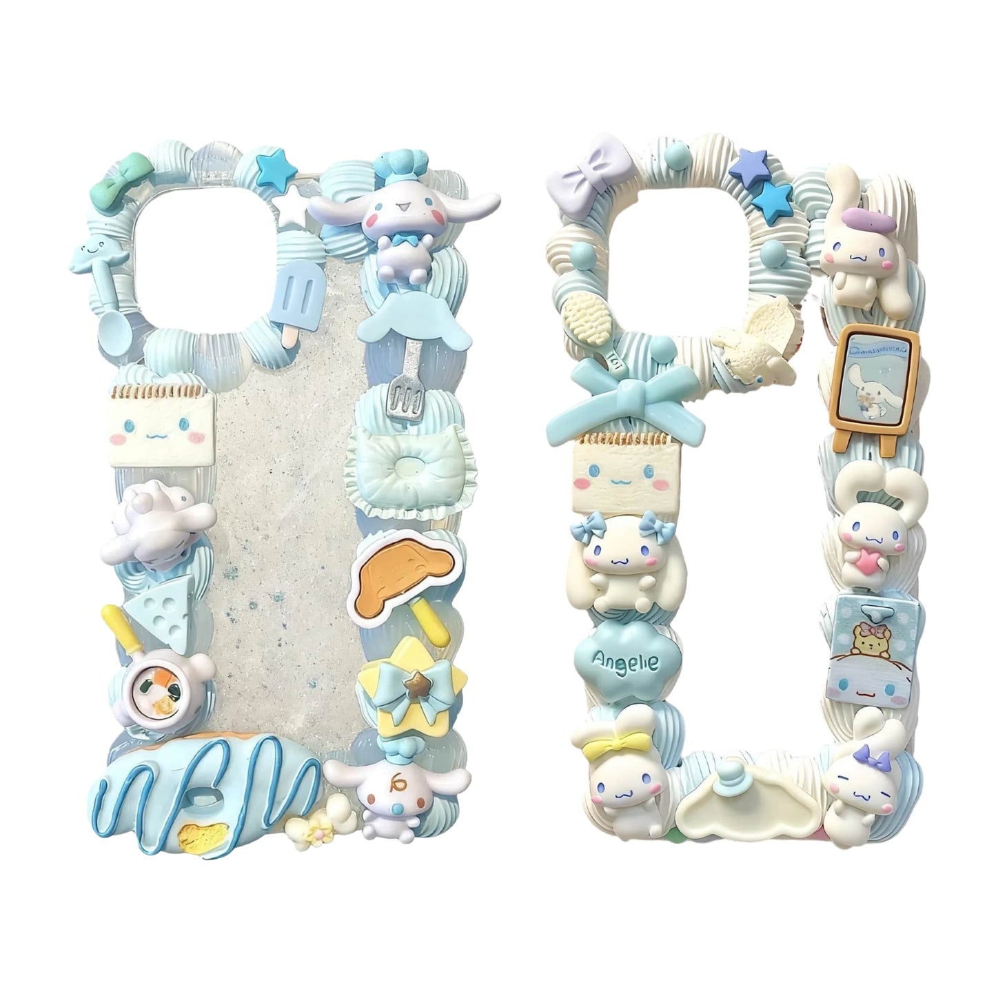 Handmade Cinnamoroll decoden phone case in blue with kawaii Sanrio charms and cream glue design