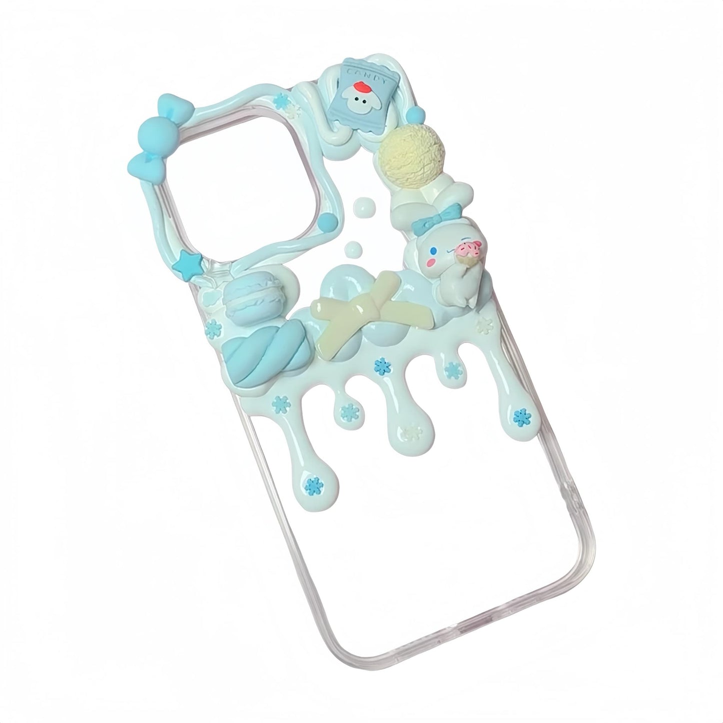 Close-up detail of kawaii Cinnamoroll decoden phone case showing handmade cream glue embellishments and Sanrio charms