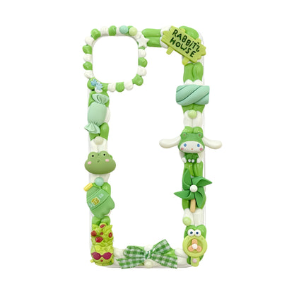 Green Cinnamoroll decoden phone case featuring handcrafted cream glue decorations with Y2K style embellishments