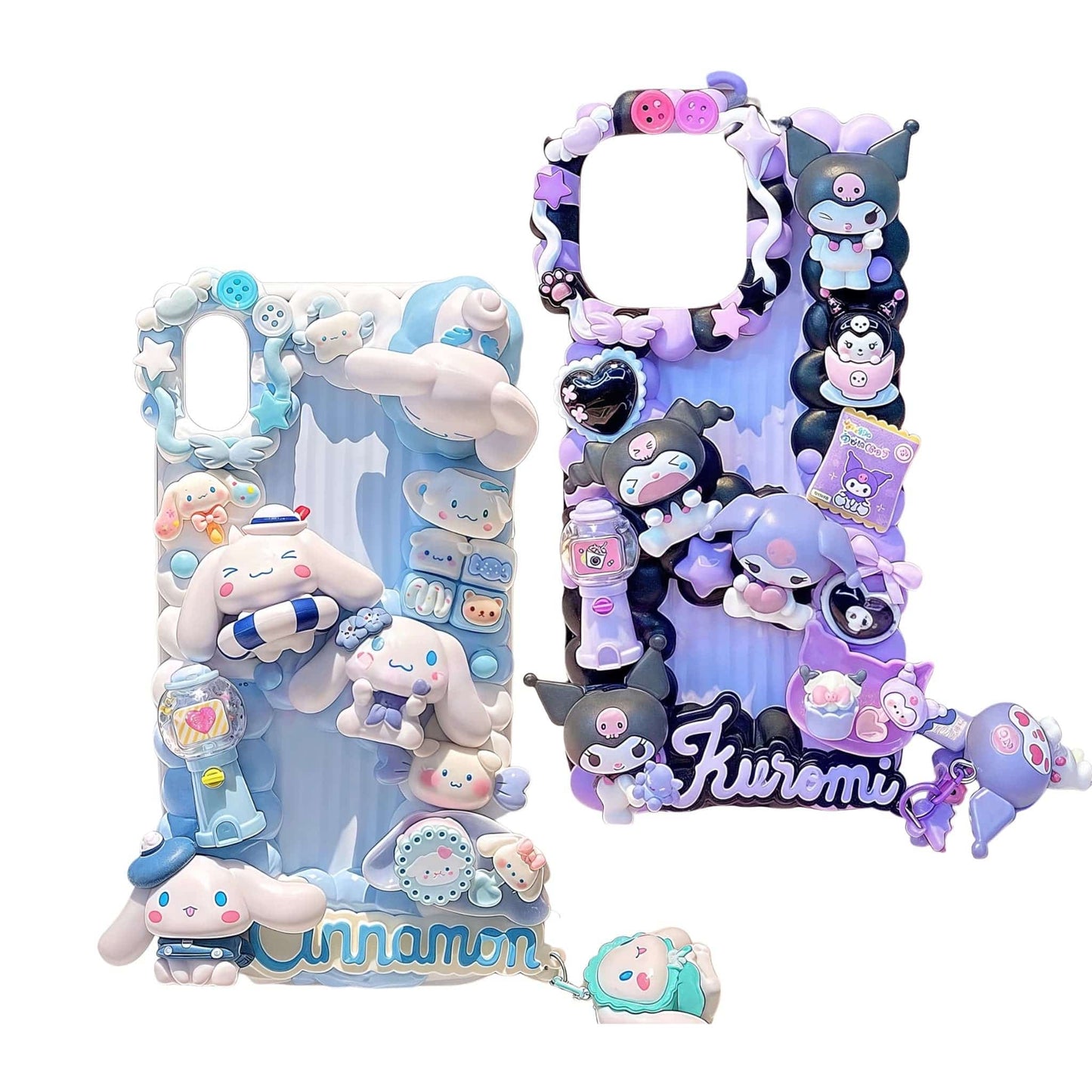 Handmade Sanrio Cinnamoroll and Kuromi decoden phone case with kawaii cream glue design featuring both characters