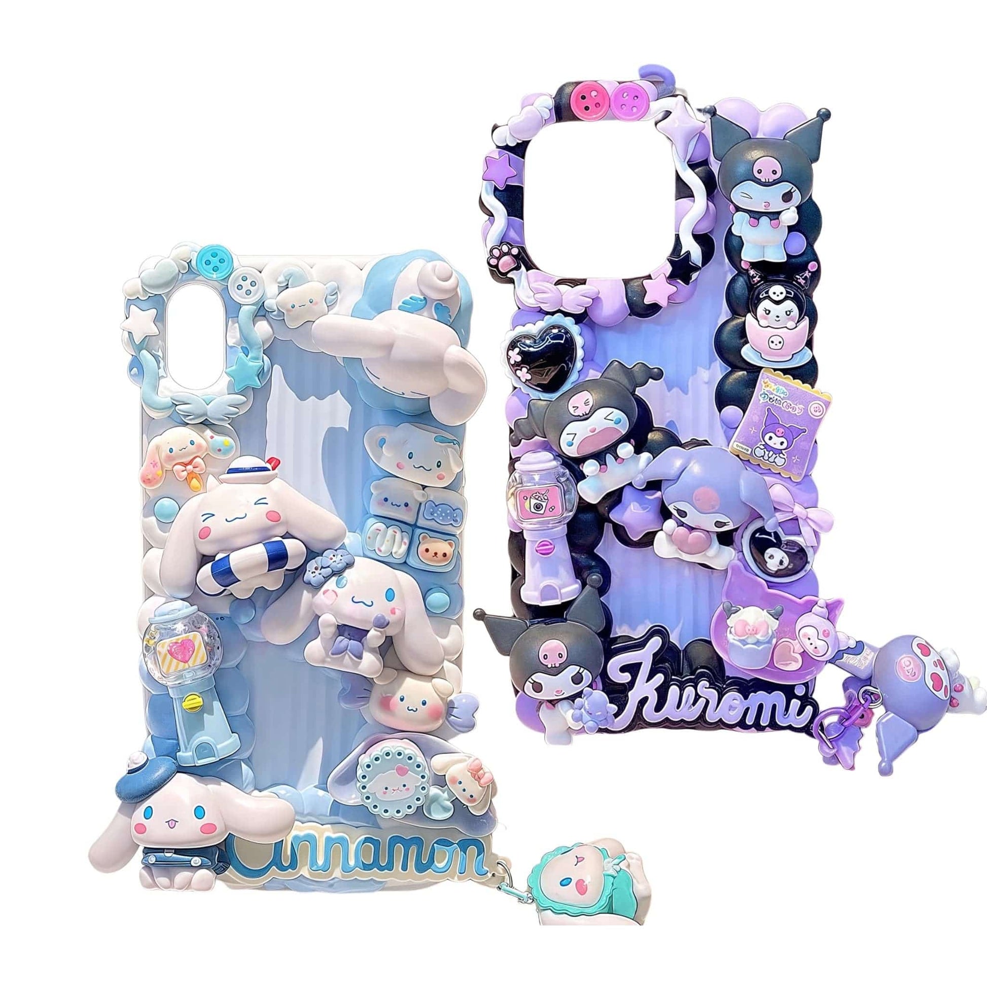 Handmade Sanrio Cinnamoroll and Kuromi decoden phone case with kawaii cream glue design featuring both characters