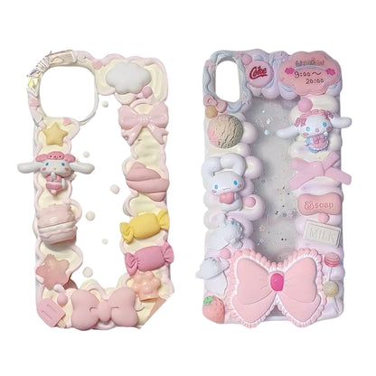Pink Cinnamoroll decoden phone case featuring handmade baroque style decorations with Sanrio character charms